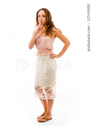 model isolated with finger on lips secret 12543000