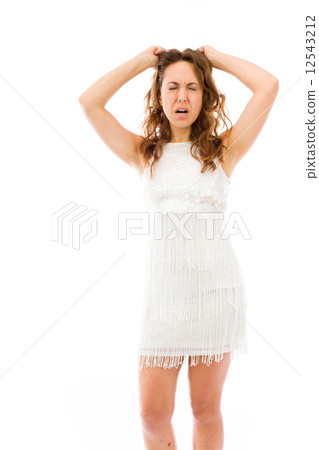 model isolated on plain background stressed upset pulling hairs 12543212