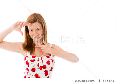model isolated on plain background hand gesture framing focusing 12543325