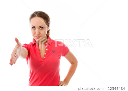model isolated on plain background greetings hand shake model isolated on plain background greetings hand shake 12543484