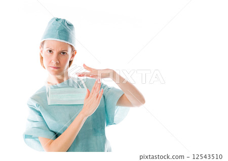 model isolated on plain background hand gesture break sign 12543510
