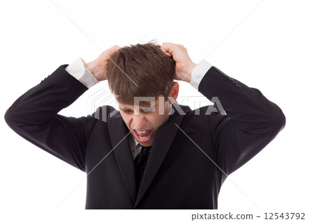 model isolated on plain background stressed upset pulling hairs 12543792