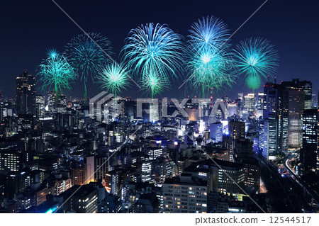Fireworks celebrating over Tokyo cityscape at night 12544517