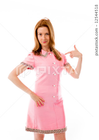 model isolated on plain background pointing to herself 12544518