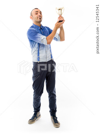 model isolated on white holding a trophee 12545341