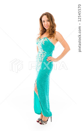 model isolated on plain background pround confident hands on hip 12545570