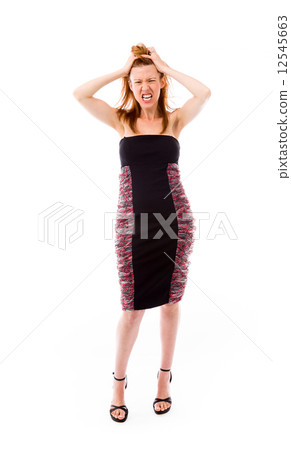 model isolated on plain background stressed upset pulling hairs 12545663