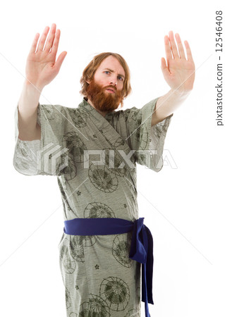 model isolated on plain background stop sign with hands 12546408