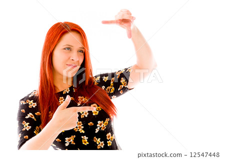 model isolated on plain background hand gesture framing focusing 12547448