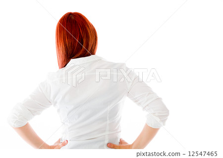 model isolated on plain background back hands on hips 12547465