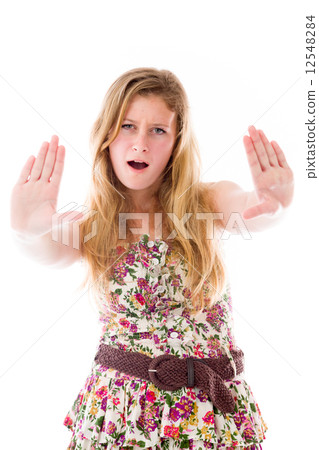model isolated on plain background stop sign with hands model isolated on plain background stop sign with hands 12548284