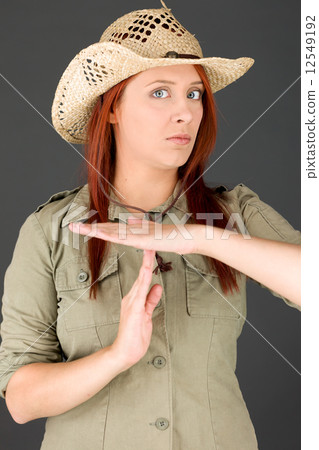 model isolated on plain background hand gesture break sign 12549192