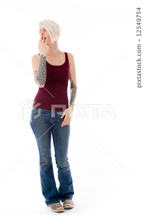 model isolated on plain background tired bored yawning 12549754
