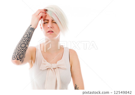 model isolated on plain background confused headache model isolated on plain background confused headache 12549842
