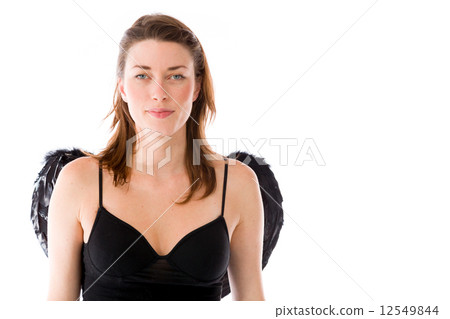 model isolated on plain background happy smiling arms crossed 12549844