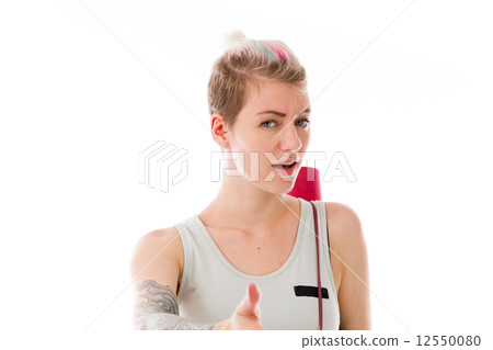 model isolated on plain background greetings hand shake 12550080