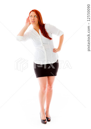 model isolated on plain background listening paying attention 12550090