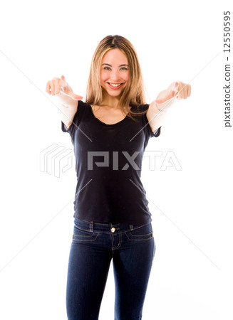model isolated on plain background fingers pointing to camera model isolated on plain background fingers pointing to camera 12550595