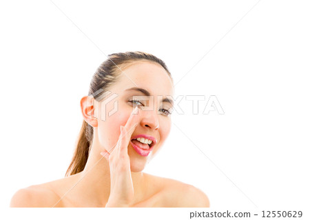 model isolated on plain background calling shouting model isolated on plain background calling shouting 12550629