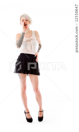 model isolated on plain background calling shouting 12550647