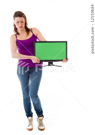 model isolated on white holding blank screen 12550684