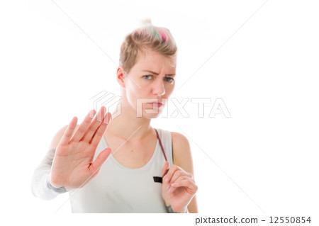 model isolated on plain background stop sign with hands model isolated on plain background stop sign with hands 12550854