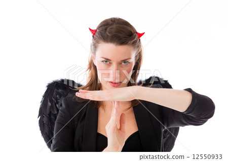 model isolated on plain background hand gesture break sign 12550933