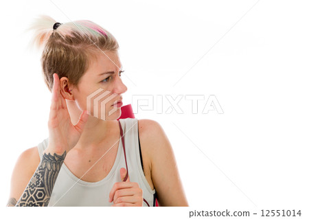 model isolated on plain background listening paying attention 12551014