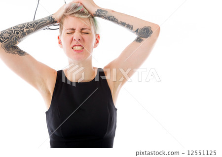 model isolated on plain background stressed upset pulling hairs model isolated on plain background stressed upset pulling hairs 12551125