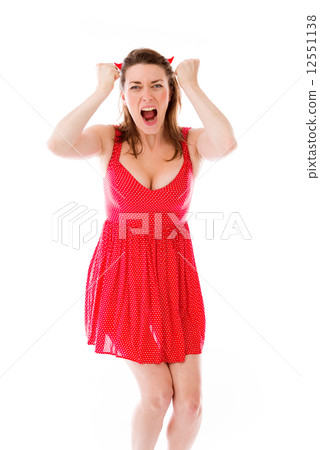 model isolated on plain background stressed upset pulling hairs 12551138