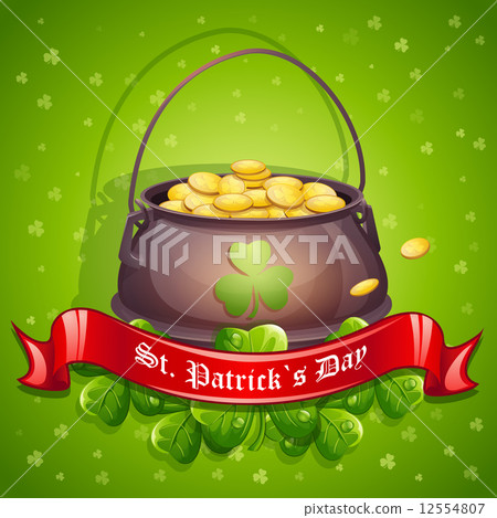Greeting card for St. Patrick's Day with a pot of gold red ribbon 12554807