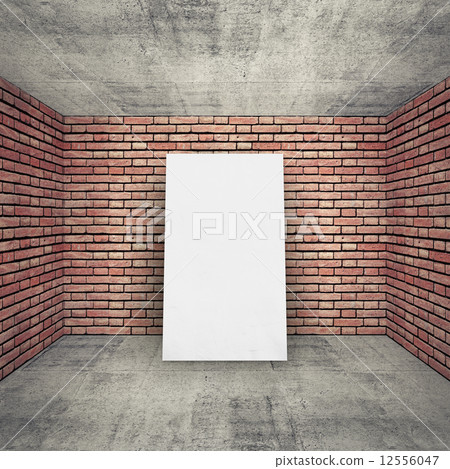 White blank banner in empty room interior with brick walls 12556047