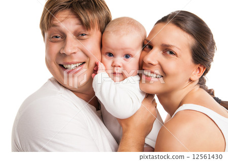 Happy family with the kid over white background Happy family with the kid over white background 12561430