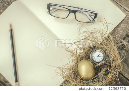 golden egg, pocket watch in the nest, notebook,glasses, pencil o 12562750