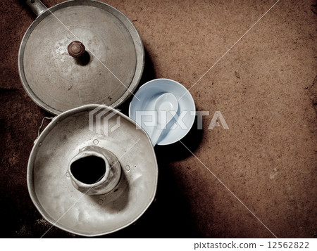 Old and dirty aluminum ware with grunge background. Old and dirty aluminum ware with grunge background. 12562822