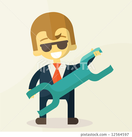 smiling cartoon businessman with a huge wrench in his hands. 12564597