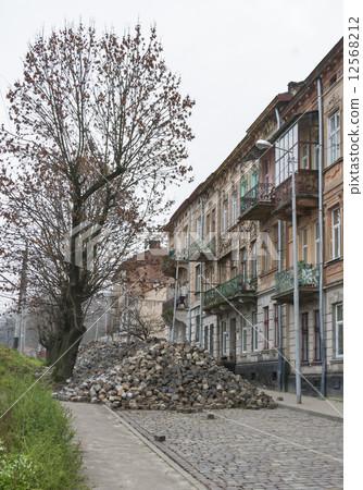 Major paving stone.street repair in Lviv 12568212
