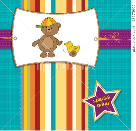 welcome baby card with boy teddy bear and his duck 12575602