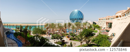 The panorama of luxury hotel and circular building, Abu Dhabi, U 12578846