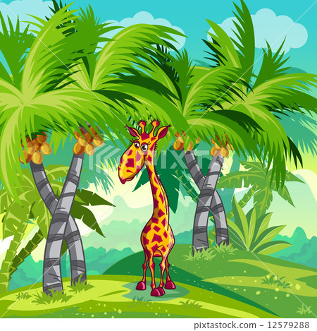 childrens illustration of the jungle with a giraffe. 12579288