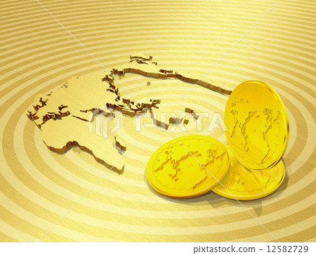 Gold coins and world map 12582729