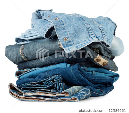 A large stack of colored denim products 12584661