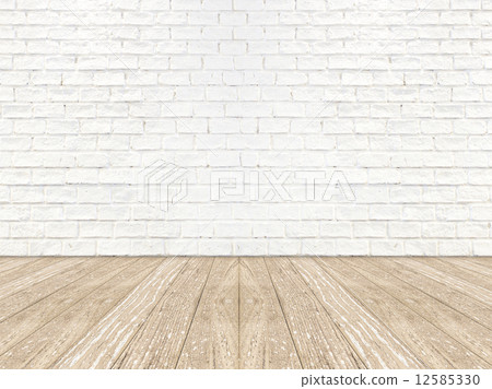 empty brick room wall and wood plank floor 12585330