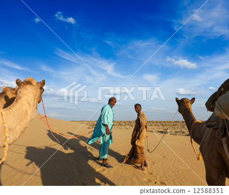 Two cameleers (camel drivers) with camels in dunes of Thar deser 12588351