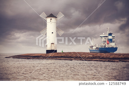 Retro style picture of ship leaving port, Swinoujscie in Poland. Retro style picture of ship leaving port, Swinoujscie in Poland. 12588749