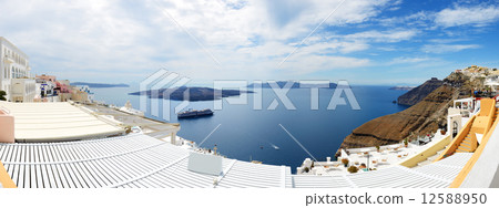 Panorama of the Fira town with view on Aegean sea, Santorini isl 12588950