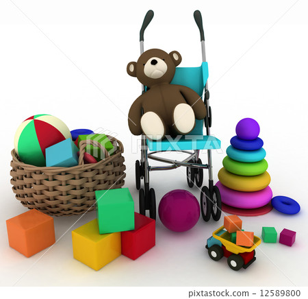 Child's toys in a small basket and pram Child's toys in a small basket and pram 12589800