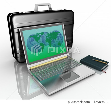 silvery laptop, notepad and pen with black brief-case  12589809