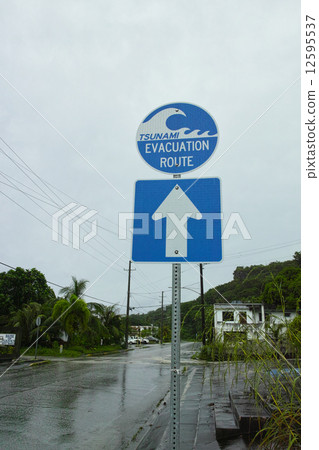 Rota Island / Tsunami evacuation route sign Rota Island / Tsunami evacuation route sign 12595537