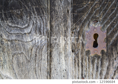 Front view of old lock and wooden door Front view of old lock and wooden door 12596684